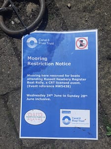 CRT mooring reservation notice in Stalybridge for the RNR Rally