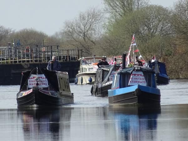 FBW flotilla coming through the Vazon Sliding Rail Bridge on the Stainforth & Keadby Canal, 31st March 2025 (credit Narrowboat Oleanna)